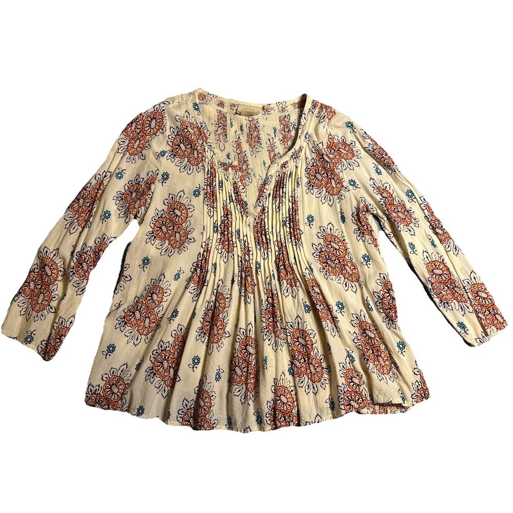 Vanessa Virginia Blouse Women's Cream Excellent Floral Pintuck Boho Top Medium